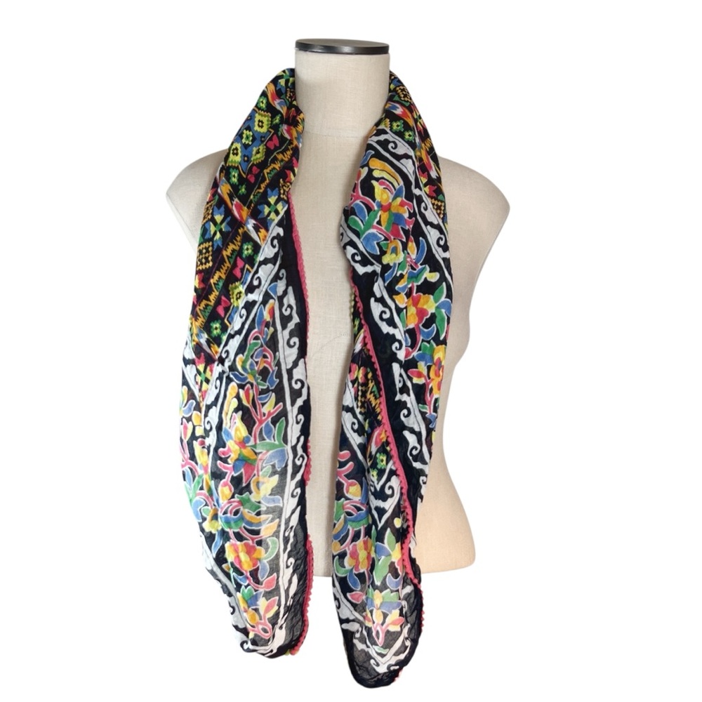 Lightweight Multicolor Floral Southwest Scarf with Mini Pom Pom Trim EUC Summer